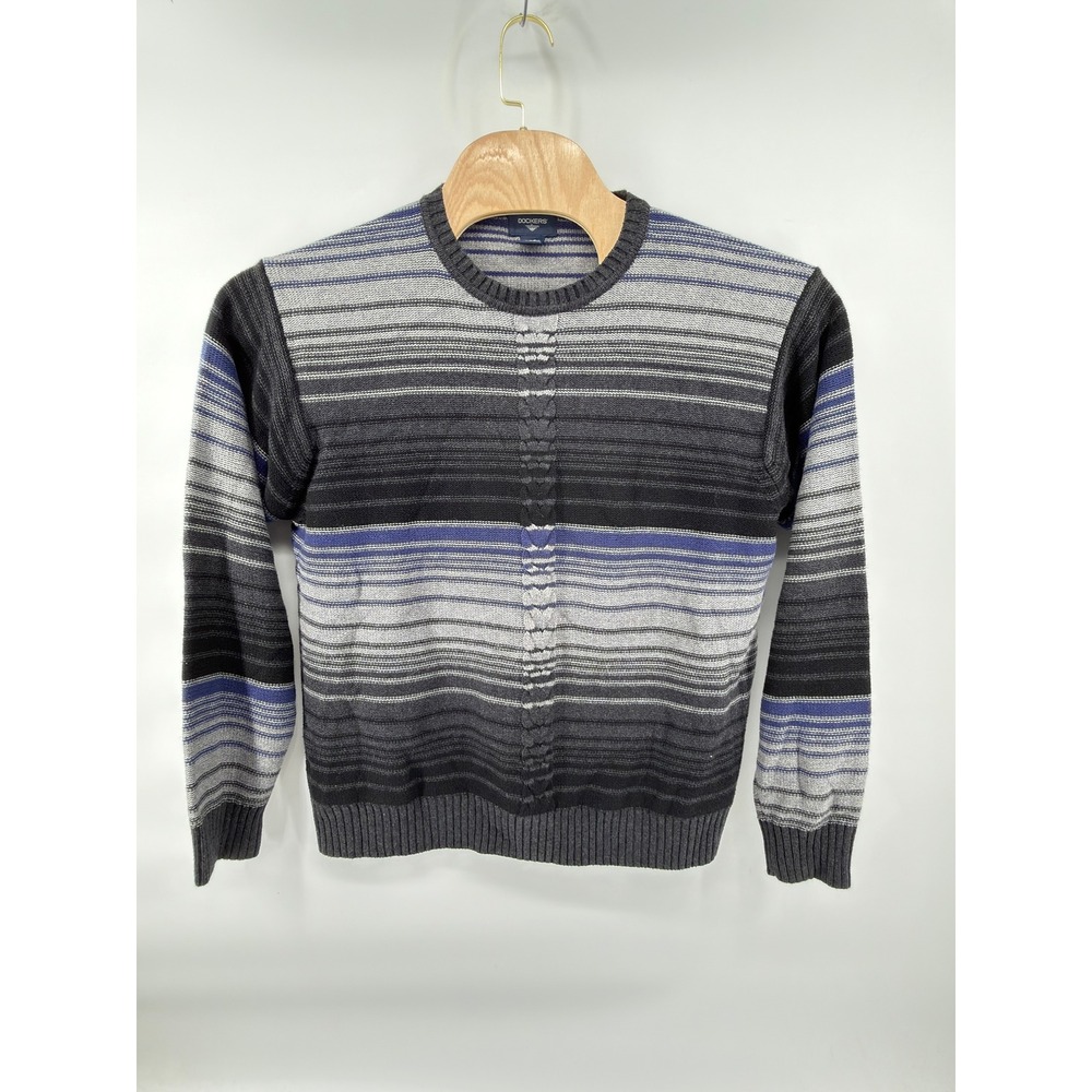 Dockers Sweater Mens Large Gray Blue Black Striped Cotton Crewneck